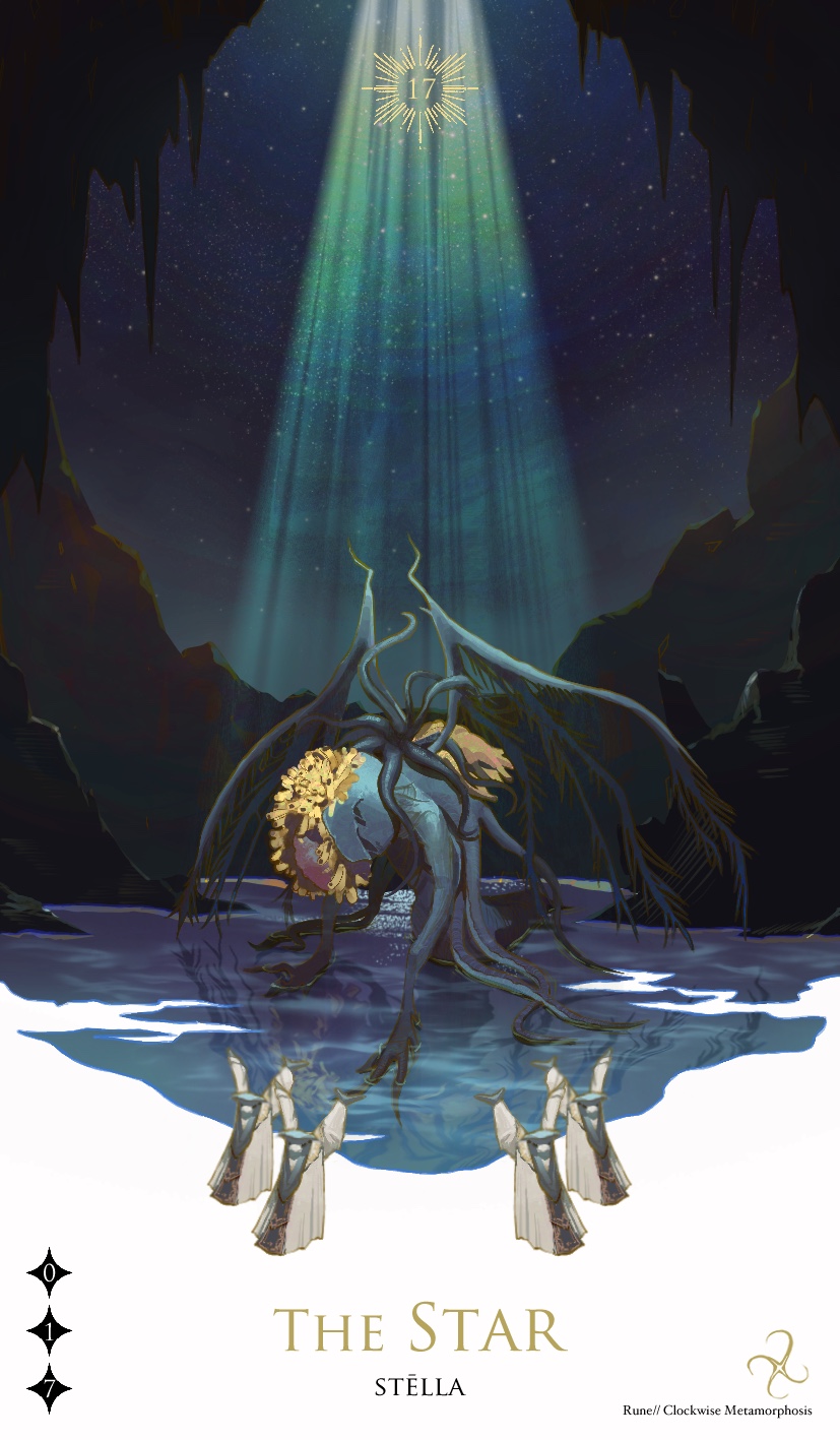 4others alien arms_up bloodborne card_(medium) cave ebrietas_daughter_of_the_cosmos eldritch_abomination english_text extra_arms frozensoba highres light monster multiple_others night night_sky skeletal_wings sky slug standing tarot tarot_(medium) tentacles the_star_(tarot) water white_background wings