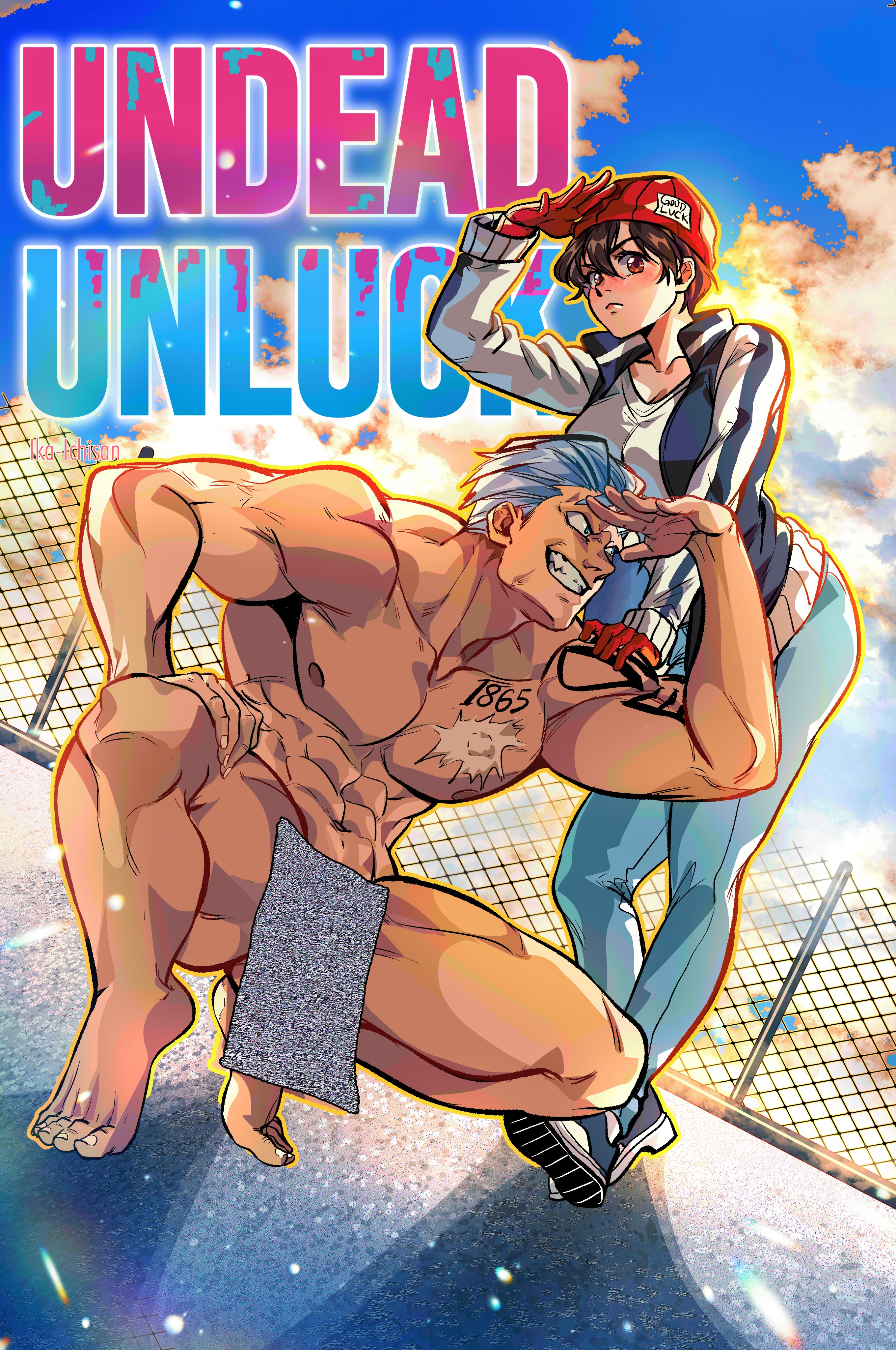 ichisan, andy (undead unluck), izumo fuuko, undead unluck, black footwear,  absurdres, highres, 1boy, 1girl, abs, arm tattoo, black hair, black jacket,  blue eyes, brown eyes, censored, chest tattoo, closed mouth, cloud,  completely