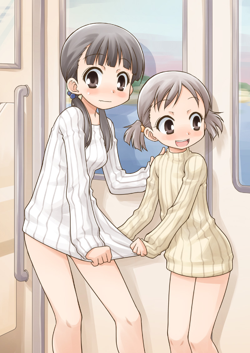 2girls akou_roushi black_hair blush clothes_tug grey_eyes hair_bobbles hair_ornament hand_on_shoulder lake long_sleeves multiple_girls naked_sweater open_mouth original ribbed_sweater short_hair silver_hair sky smile sweater sweater_tug train train_interior twintails wavy_mouth
