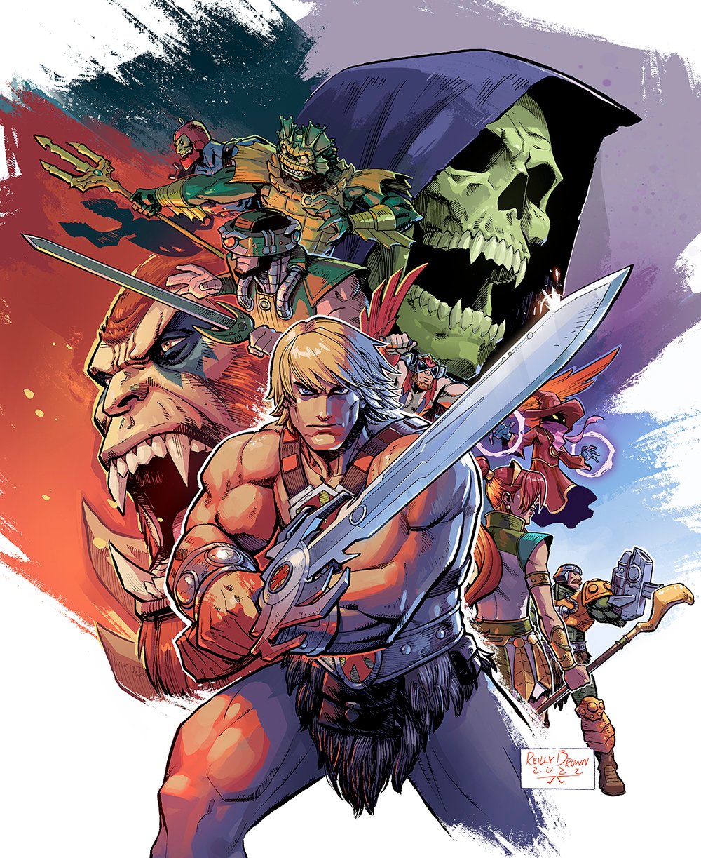 armor beast_man blonde_hair character_request commentary english_commentary everyone facing_viewer fangs fantasy floating he-man highres looking_at_viewer magic man-at-arms masters_of_the_universe mer-man mossman_(he-man) muscular muscular_male orko polearm reilly_brown science_fiction simple_background skeletor skull_head sword_of_power teela trap-jaw tri-klops trident weapon