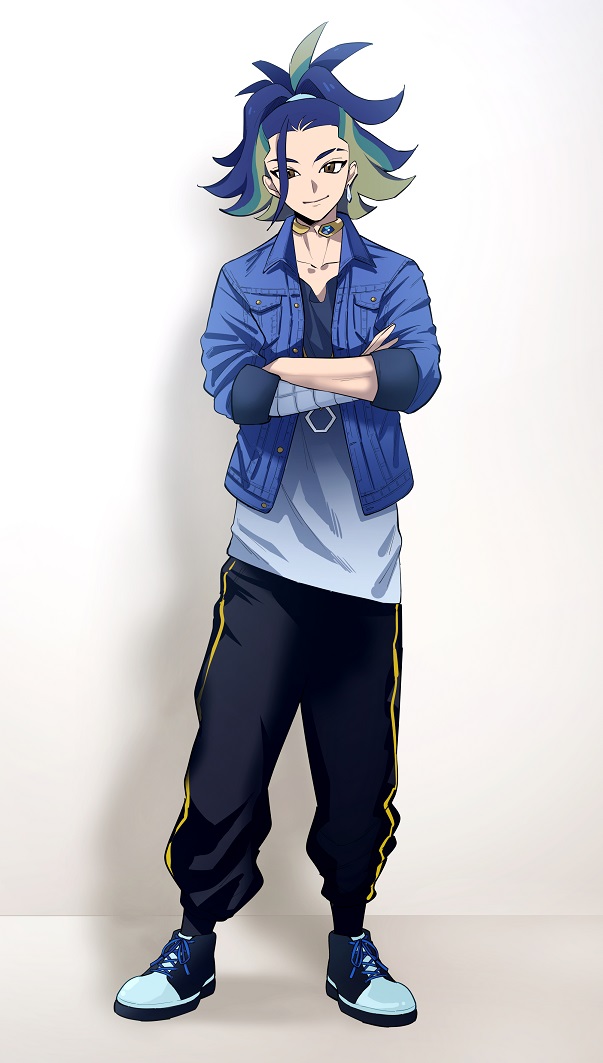 1boy adaman_(pokemon) black_hair black_pants closed_mouth crossed_arms full_body green_(gurin) green_hair grey_hair jacket looking_at_viewer male_focus multicolored_hair nintendo pants pokemon pokemon_legends:_arceus shirt shoes solo standing