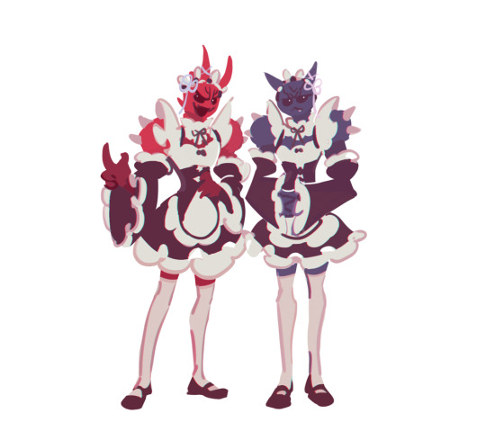 2boys armor black_dress blue_armor bow crossdressing dress kamen_rider kamen_rider_den-o_(series) knee_socks maid maid_headdress male_focus momotaros monster monster_boy multiple_boys oni pepegle red_armor slip-on_shoes socks teddy_(kamen_rider_den-o) thighhighs white_socks