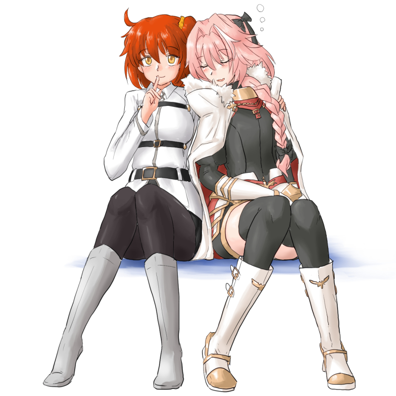 1boy 1girl ahoge androgynous astolfo_(fate) black_bow bow braid cape closed_eyes fang fate/apocrypha fate/grand_order fate_(series) finger_to_mouth fujimaru_ritsuka_(female) garter_straps hair_intakes hair_ornament hair_ribbon hair_scrunchie index_finger_raised long_hair looking_at_viewer multicolored_hair open_mouth orange_eyes orange_hair pantyhose pink_hair ribbon scrunchie shushing side_ponytail single_braid sleeping smile streaked_hair thighhighs toren_chi trap