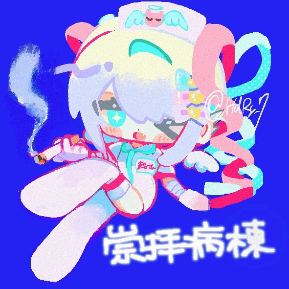 :d angel_print bandaged_arm bandages blonde_hair blue_background blue_hair blush bow chibi chibi_only chinese_text chouzetsusaikawa_tenshi-chan cigarette colored_tips drawn_wings fangs hair_bow hat holding holding_cigarette multicolored_hair multiple_hair_bows naishukketsukata name_tag needy_girl_overdose nurse_cap one_eye_closed open_mouth outstretched_arm pink_hair quad_tails skin_fangs smile smoking sparkling_eyes thighhighs white_hair white_thighhighs