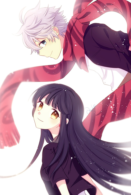 1boy 1girl anoko_(darenokoanoko) black_hair black_jacket blue_eyes brown_eyes closed_mouth commentary_request curly_hair earrings ephemer_(kingdom_hearts) floating_hair grey_hair jacket jewelry kingdom_hearts kingdom_hearts_x long_hair looking_at_viewer profile red_scarf scarf short_hair short_sleeves signature simple_background skuld_(kingdom_hearts) smile white_background