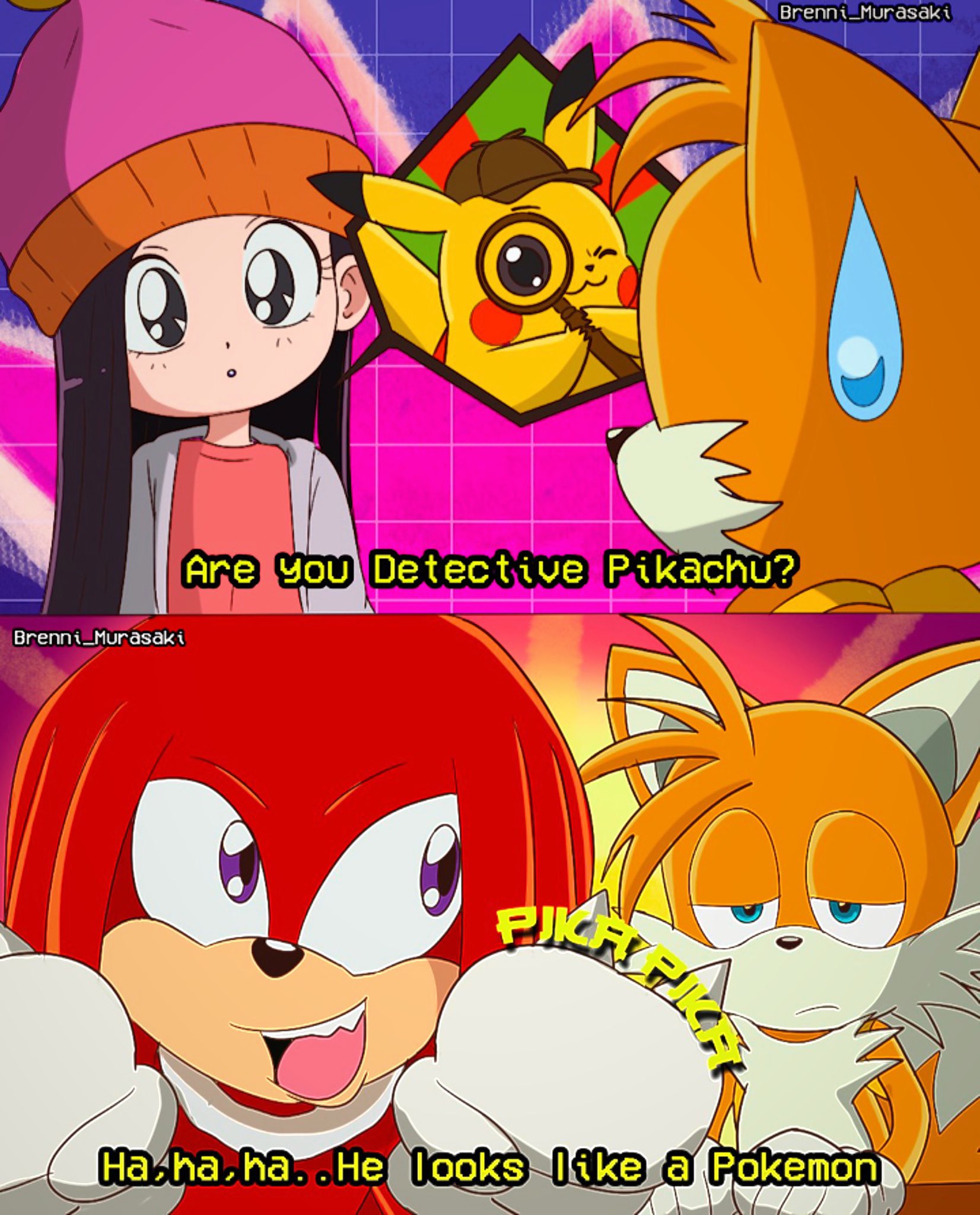 1990s_(style) backpack bag blonde_hair blue_eyes brenni_murasaki child detective_pikachu_(character) detective_pikachu_(series) echidna fangs fox game_freak gen_1_pokemon gloves hat jacket knuckles_the_echidna long_hair making_fun_of nintendo paramount_pictures pikachu pokemon purple_eyes red_fur red_hair retro_artstyle sega sitting sonic_(live_action) sonic_(series) sonic_the_hedgehog_3_(film) sweat sweatdrop tails_(sonic) warner_bros yellow_fur