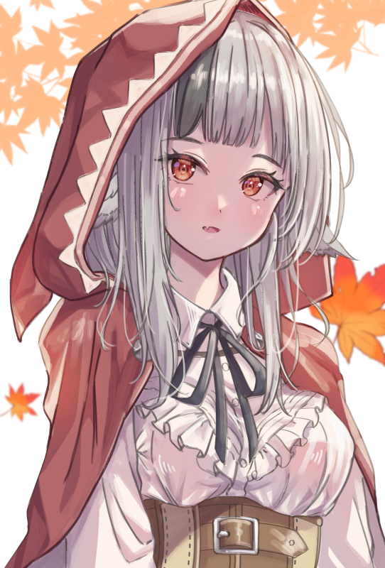 1girl animal_ears autumn_leaves black_ribbon brown_corset cape corset fang fire_emblem fire_emblem_fates frills fuussu_(21-kazin) gambeson grey_hair hood hood_up hooded_cape leaf light_blush looking_at_viewer multicolored_hair nintendo open_mouth red_eyes red_hood ribbon solo two-tone_hair velouria_(fire_emblem) wolf_ears wolf_girl