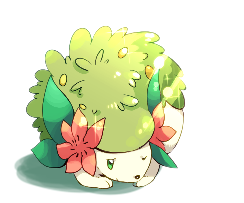 creature full_body gen_4_pokemon green_eyes legendary_pokemon lying mizuto_(o96ap) mythical_pokemon nintendo no_humans on_stomach one_eye_closed pokemon pokemon_(creature) shadow shaymin shaymin_(land) simple_background solo sparkle sunlight white_background