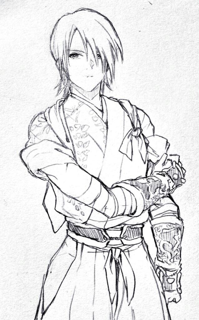 1boy closed_mouth greyscale inugami_kurando japanese_clothes looking_at_viewer male_focus monochrome murata_tefu shadow_hearts shadow_hearts_ii short_hair simple_background solo white_background