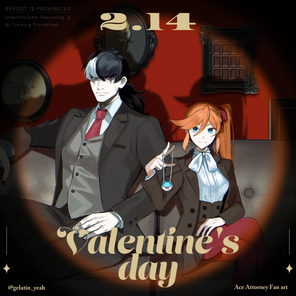 1boy 1girl ace_attorney athena_cykes black_hair black_jacket black_pants black_skirt blue_eyes collared_shirt copyright_name couch crossed_legs facial_mark gloves grey_eyes grey_vest gumi_(gelatin) hair_between_eyes hand_on_own_thigh hand_up holding holding_jewelry holding_necklace jacket jewelry long_hair necklace necktie on_couch open_clothes open_jacket orange_hair pants pantyhose phoenix_wright:_ace_attorney_-_dual_destinies red_necktie red_pantyhose red_ribbon ribbon shirt side_ponytail simon_blackquill sitting skirt smile spotlight suit_jacket twitter_username valentine vest white_gloves white_hair white_shirt
