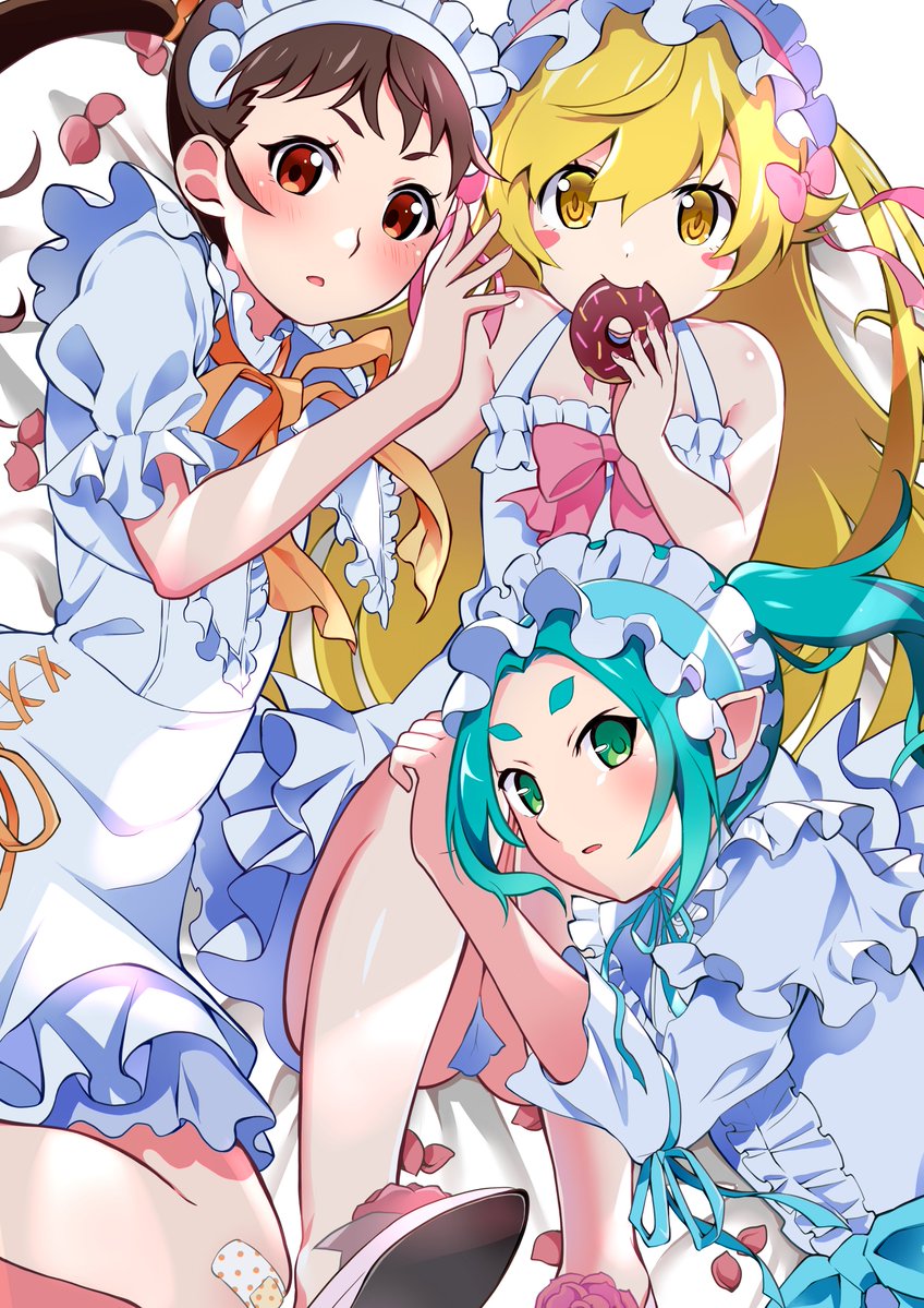 3girls apron aqua_hair bakemonogatari bandaid bed blonde_hair blush brown_eyes brown_hair donut dress eating fang flat_chest food green_eyes green_hair hachikuji_mayoi long_hair looking_at_viewer maid maid_headdress mashimaro_tabetai monogatari_(series) multiple_girls ononoki_yotsugi oshino_shinobu petals shoes twintails yellow_eyes