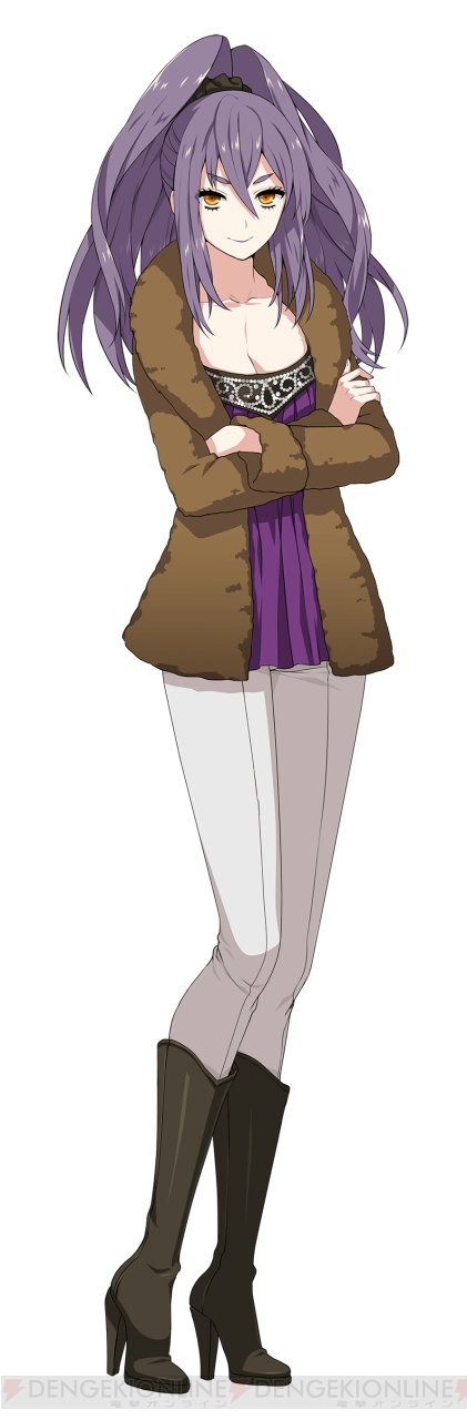 1girl boots breasts cleavage coat collarbone crossed_arms dengeki eyebrows eyelashes female_focus high_heel_boots high_heels highres ichinose_shiori long_hair long_legs looking_at_viewer official_art pants ponytail purple_hair ring_dream scrunchie smile solo watermark yellow_eyes yorumura_shiro