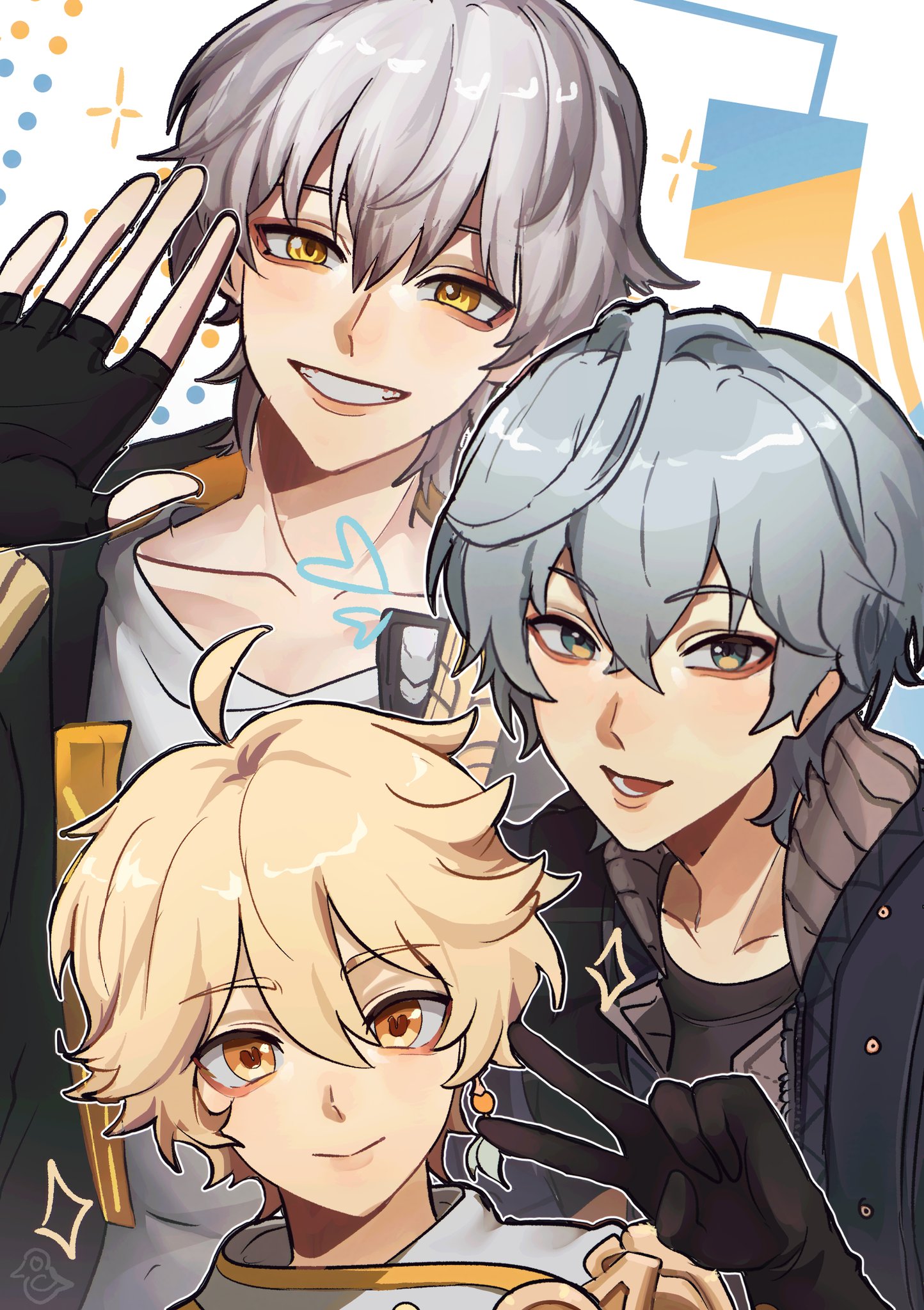 3boys aether_(genshin_impact) ahoge armor black_coat black_gloves black_jacket black_shirt blonde_hair caelus_(honkai:_star_rail) closed_mouth coat collarbone company_connection crossover earrings eyeshadow fingerless_gloves genshin_impact gloves green_eyes grey_hair hair_between_eyes hand_up heart heart-shaped_pupils highres honkai:_star_rail honkai_(series) hood hooded_coat jacket jewelry looking_at_viewer makeup male_focus mihoyo multiple_boys open_clothes open_coat open_jacket open_mouth orange_coat orange_eyes pigeonie019 red_eyeshadow scarf shirt short_hair shoulder_armor signature single_earring smile sparkle symbol-shaped_pupils t-shirt teeth trailblazer_(honkai:_star_rail) two-sided_coat two-sided_fabric upper_body v white_scarf white_shirt wise_(zenless_zone_zero) yellow_eyes zenless_zone_zero