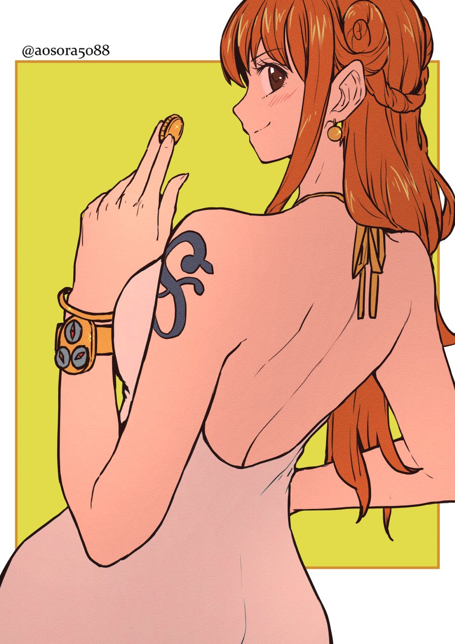 1girl aosora2823 back backless_dress backless_outfit bangle bare_shoulders blush border bracelet braid breasts brown_eyes closed_mouth coin commentary dress earrings from_behind gold_coin gold_earrings halterneck hand_up highres holding holding_coin jewelry log_pose long_hair looking_at_viewer looking_back medium_breasts nami_(one_piece) official_alternate_costume official_alternate_hairstyle one_piece one_piece_film:_gold orange_hair outside_border pearl_earrings profile shoulder_tattoo single_sidelock smile solo tattoo twitter_username upper_body white_border white_dress
