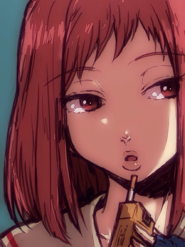1girl brown_eyes cigarette eshaku_(asifu-coffee) flcl lips long_hair open_mouth red_hair sailor_collar samejima_mamimi school_uniform simple_background solo