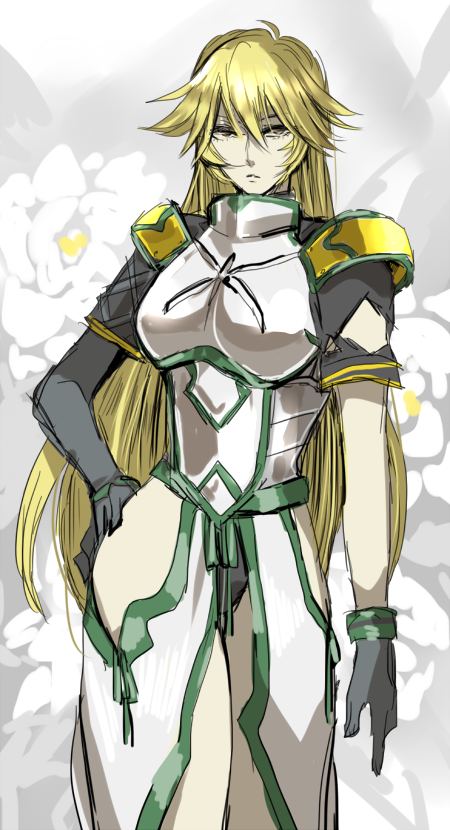 .hack// .hack//games 1girl arm_at_side armor asymmetrical_sleeves black_gloves black_panties blonde_hair breastplate brown_eyes commentary_request cowboy_shot expressionless floral_background flower front_slit gardenia_(.hack//) gloves green_trim hand_on_own_hip hip_vent kurouti long_hair long_skirt panties shoulder_armor skirt solo standing underwear uneven_sleeves very_long_hair white_background white_flower white_skirt
