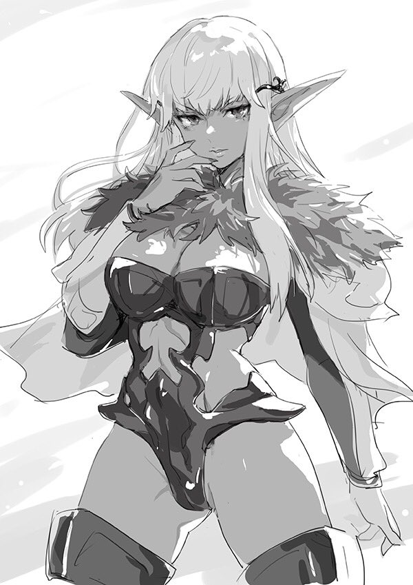1girl breasts cape cleavage commentary_request dark_elf elf fur_collar fur_trim greyscale highleg isa_(peien516) large_breasts long_hair looking_at_viewer monochrome parted_lips pointy_ears railanor_(unicorn_overlord) revealing_clothes simple_background solo thighs unicorn_overlord