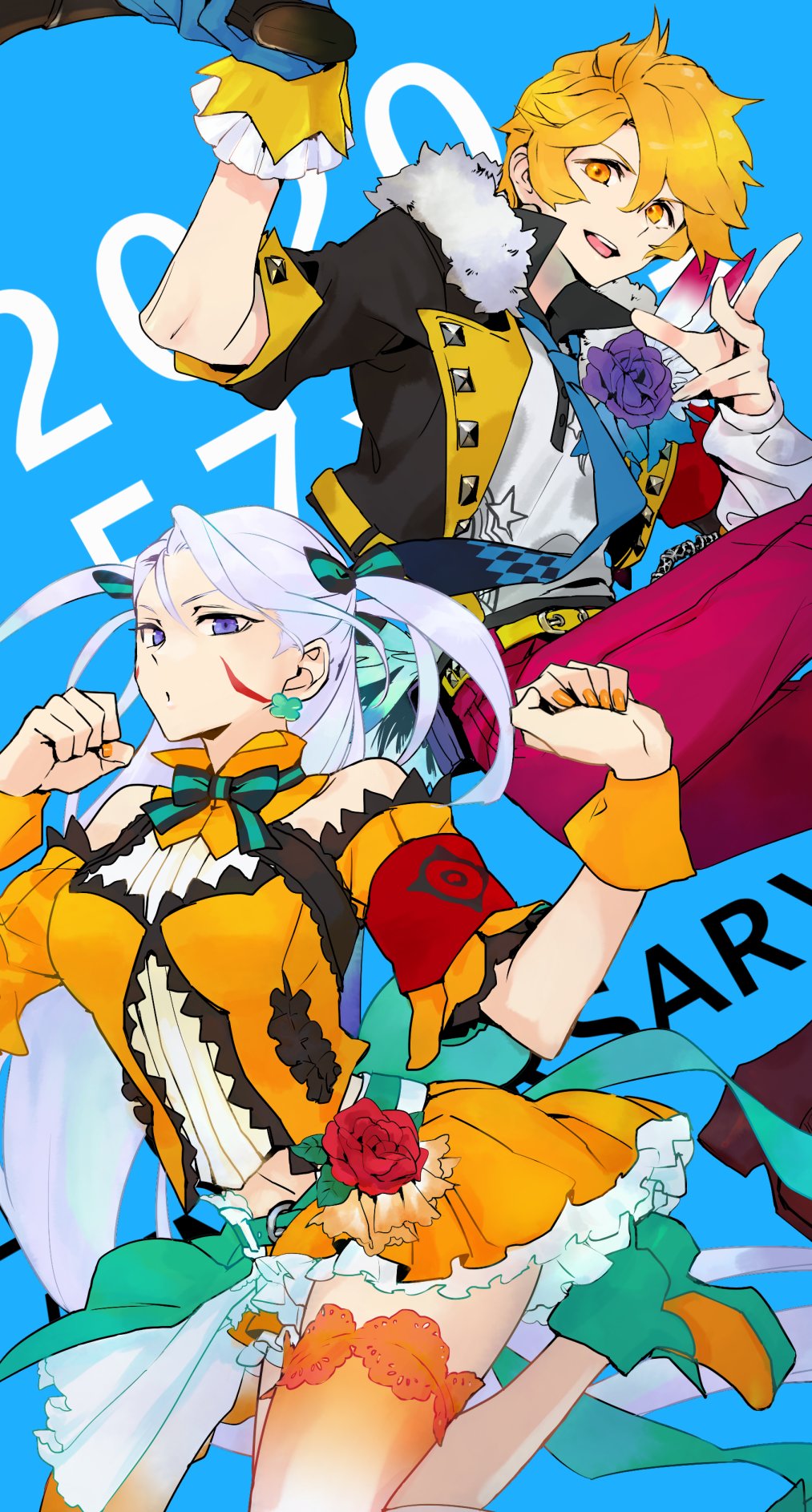 1boy 1girl 7th_dragon_(series) 7th_dragon_2020 7th_dragon_2020-ii andras_(megido72) armband belt blonde_hair blue_background blue_necktie bow breasts clover_earrings cosplay earrings english_text facial_tattoo flower frilled_gloves frilled_skirt frills fur-trimmed_jacket fur_trim gloves green_footwear green_ribbon hair_between_eyes hair_bow hands_up highres idol_(7th_dragon) idol_(7th_dragon)_(cosplay) jacket jewelry lace lace-trimmed_thighhighs lace_trim light_purple_hair long_hair looking_at_viewer medium_breasts megido72 navel necktie off-shoulder_shirt off_shoulder open_mouth orange_eyes orange_nails ose_(megido72) pants pink_pants purple_eyes purple_flower purple_rose red_flower red_rose ribbon rose sea_chicken_(umichicken) shirt single_glove skirt smile tattoo thighhighs twintails white_shirt wrist_cuffs yellow_belt