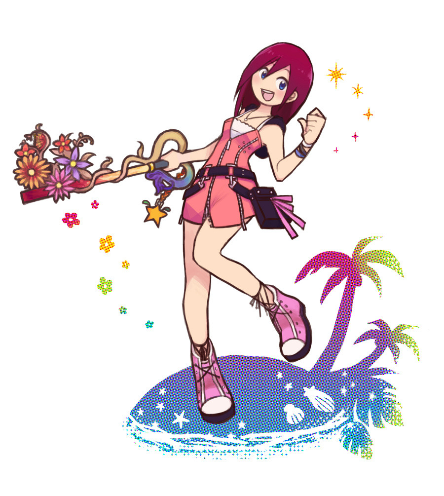 1girl blue_eyes destiny&#039;s_embrace_(kingdom_hearts) dress full-length_zipper full_body hair_between_eyes happy hooded_dress jewelry kairi_(kingdom_hearts) keyblade kingdom_hearts long_hair looking_at_viewer necklace no_nose open_mouth pink_dress pink_shoes red_hair shoes short_dress short_hair sleeveless smile solo standing standing_on_one_leg white_background wristband wvoukbb zipper
