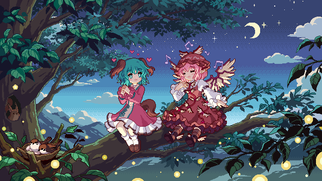 +_+ 2girls animal_ears bird bird_ears bird_wings black_shoes brown_dress brown_eyes brown_hat brown_socks bug closed_eyes cloud crescent_moon dog_ears dog_tail dress firefly game_cg green_eyes green_hair hat heart in_tree insect juliet_sleeves kasodani_kyouko kumio loafers long_sleeves medium_hair moon mountain multiple_girls music musical_note mystia_lorelei night open_mouth pink_dress pink_hair pixel_art puffy_sleeves shirt shoes singing sitting sitting_in_tree sky smile socks sparrow squirrel star_(sky) starry_sky tail third-party_source touhou touhou_mystia&#039;s_izakaya tree variant_set white_shirt white_socks winged_hat wings