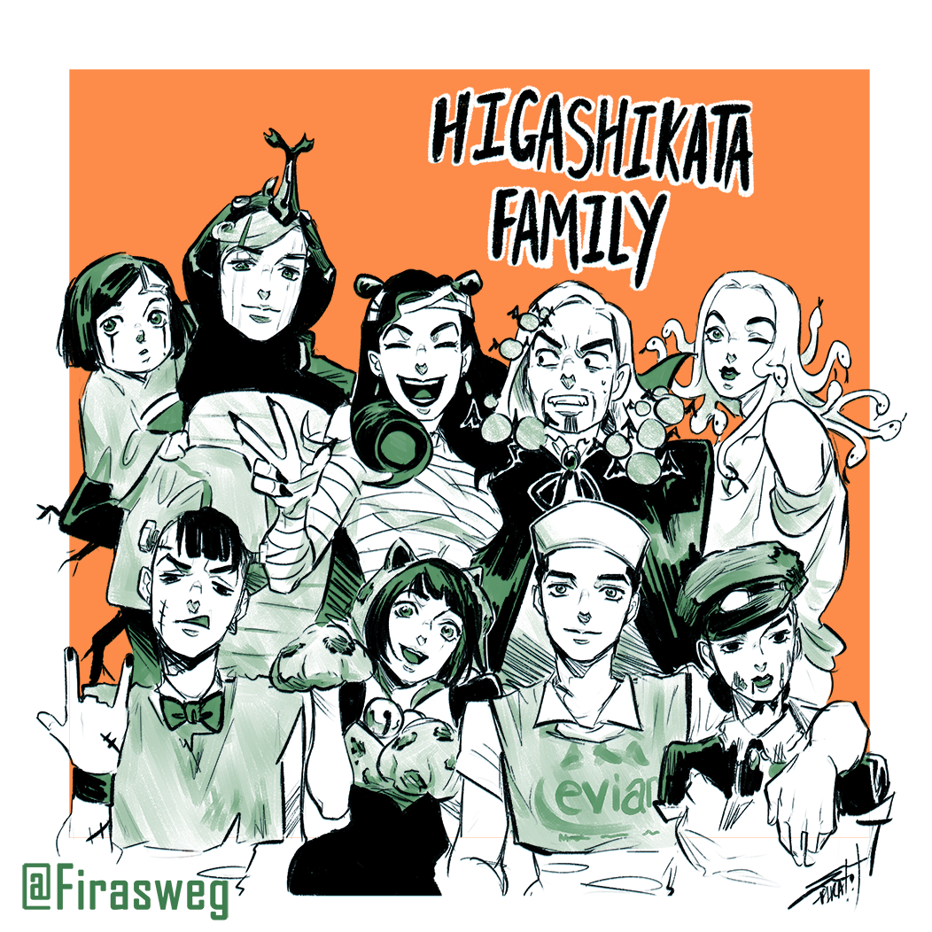 animal_ears animal_hands arm_around_neck clenched_teeth cosplay double_bun drill_hair fake_animal_ears family father_and_son gloves hair_bun halloween halloween_costume hat higashikata_daiya higashikata_hato higashikata_jobin higashikata_joshu higashikata_josuke_(jojolion) higashikata_kato higashikata_norisuke_iv higashikata_tsurugi hood japanese_clothes jojo_no_kimyou_na_bouken jojolion kimono monochrome mummy mummy_(cosplay) nijimura_kei open_mouth origami paw_gloves rainbowthinker smile snake_hair sweat teeth trap twin_drills twitter_username w