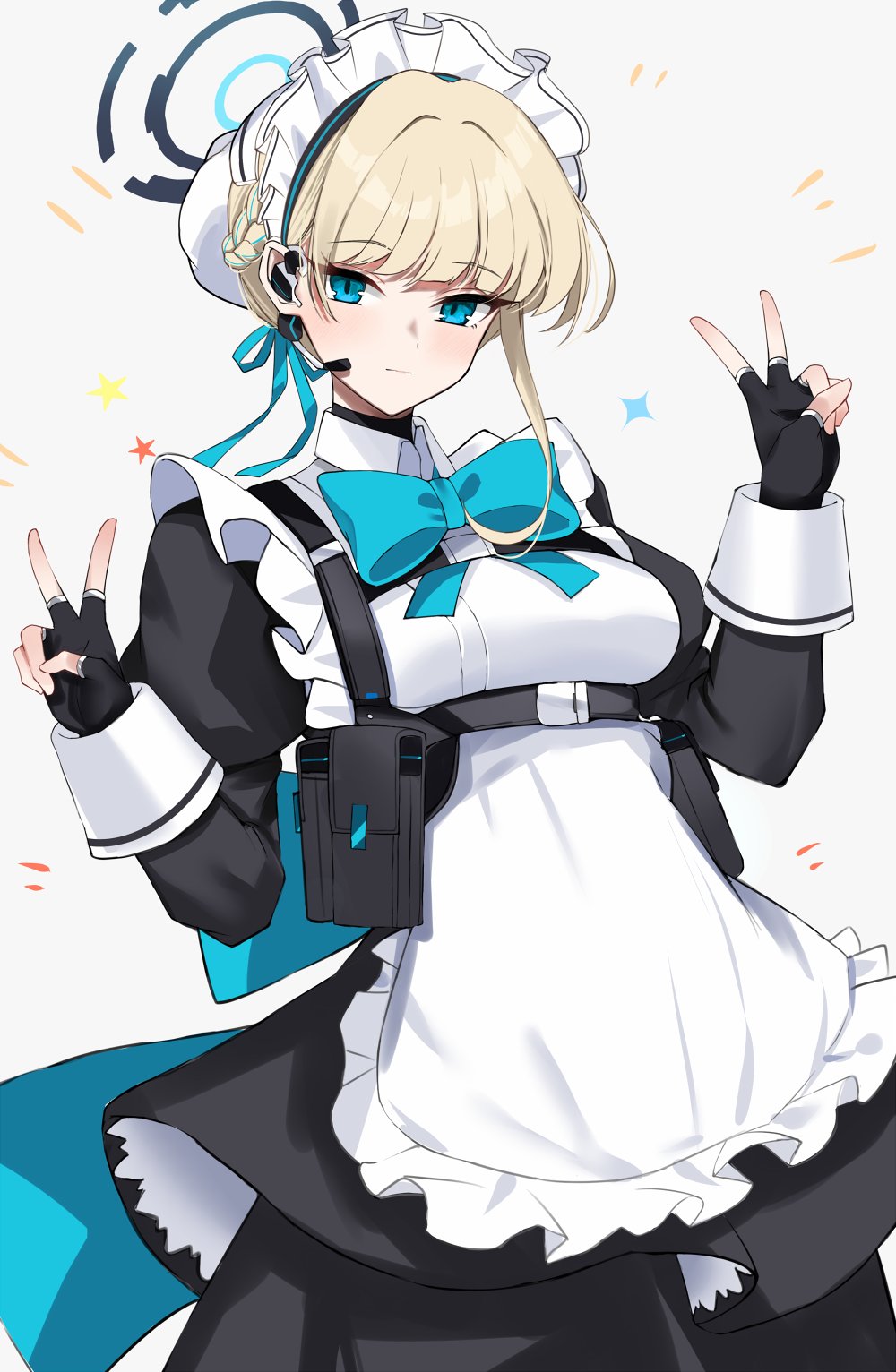 1girl apron black_gloves black_skirt blonde_hair blue_archive blue_bow blue_bowtie blue_eyes blue_ribbon bow bowtie braid bun_cover chest_harness collared_shirt double_v earpiece elbow_gloves fingerless_gloves frilled_apron frills gloves grey_background hair_ribbon halo harness highres juliet_sleeves long_sleeves maid maid_headdress multicolored_hair nemun_(tamizzz) puffy_sleeves ribbon shirt simple_background skirt solo star_(symbol) streaked_hair toki_(blue_archive) turtleneck v white_apron