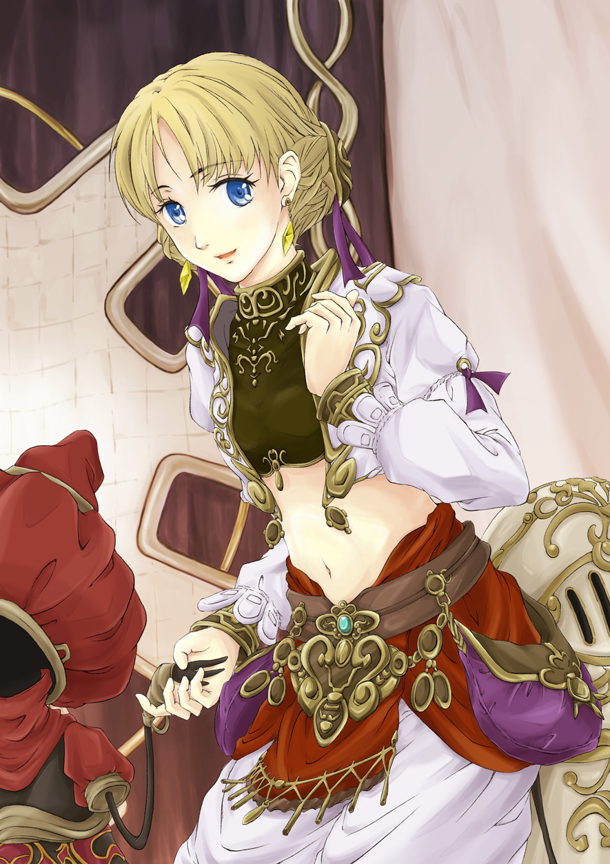 00s 1girl afumau_(final_fantasy) belt blonde_hair blue_eyes cowboy_shot earrings eyelashes final_fantasy final_fantasy_xi hair_ribbon highres holding_hands indoors jewelry looking_at_viewer midriff mnejing morere navel ovjang puppet ribbon sash smile solo_focus