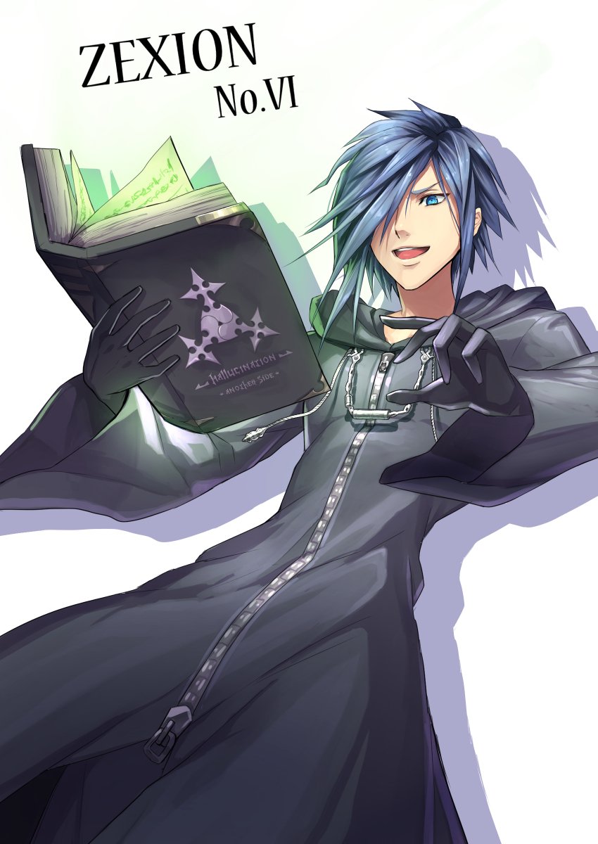1boy black_coat_(kingdom_hearts) blue_eyes blue_hair book character_name cloak gloves gogo_(detteiu_de) highres kingdom_hearts kingdom_hearts:_chain_of_memories male_focus organization_xiii simple_background solo white_background zexion