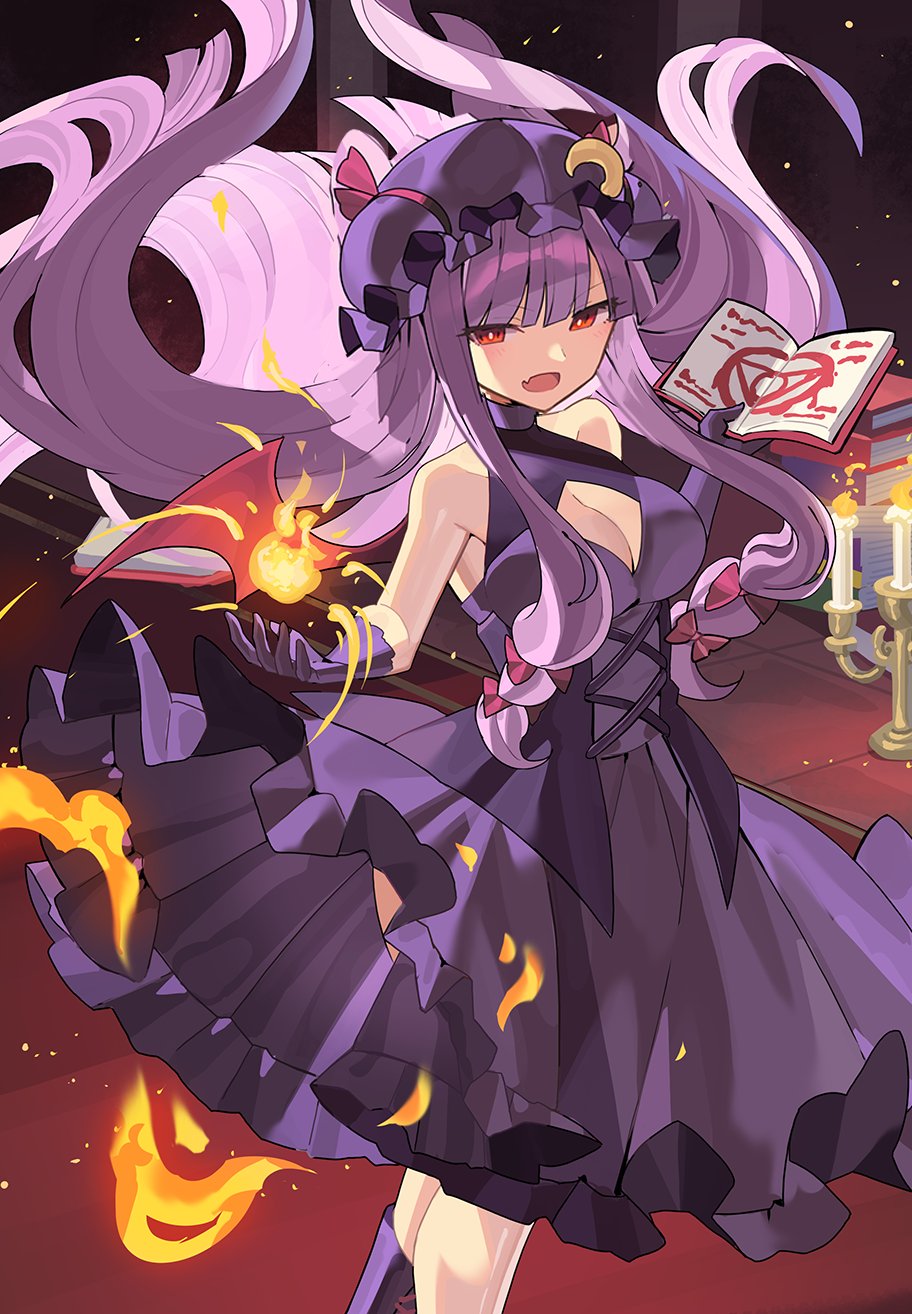 1girl alternate_costume book breasts cleavage dress falken_(yutozin) fang fire fireball frills gloves hair_ribbon hat highres long_hair looking_at_viewer medium_breasts mob_cap open_book patchouli_knowledge purple_dress purple_hair red_eyes ribbon skin_fang solo touhou