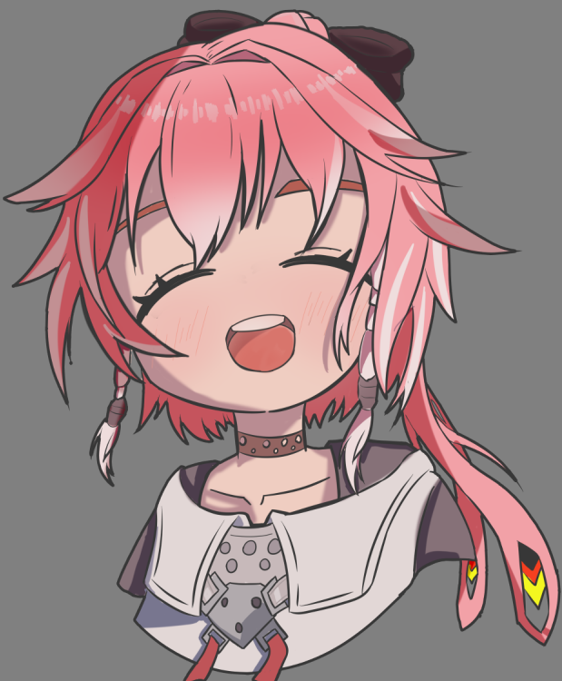 1girl :d blush bow changli_(wuthering_waves) choker closed_eyes grey_background hair_bow jiagu(kurobbs) long_hair open_mouth pink_hair ponytail simple_background smile solo teeth wuthering_waves