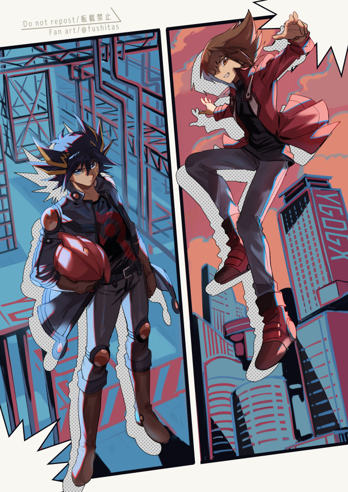 2boys black_hair blue_eyes boots brown_footwear brown_hair city drop_shadow fudo_yusei full_body fushitasu grey_pants grin helmet holding holding_helmet jacket male_focus multiple_boys pants red_footwear red_jacket shoes signature smile spiked_hair yu-gi-oh! yu-gi-oh!_5d&#039;s yu-gi-oh!_gx yuki_judai