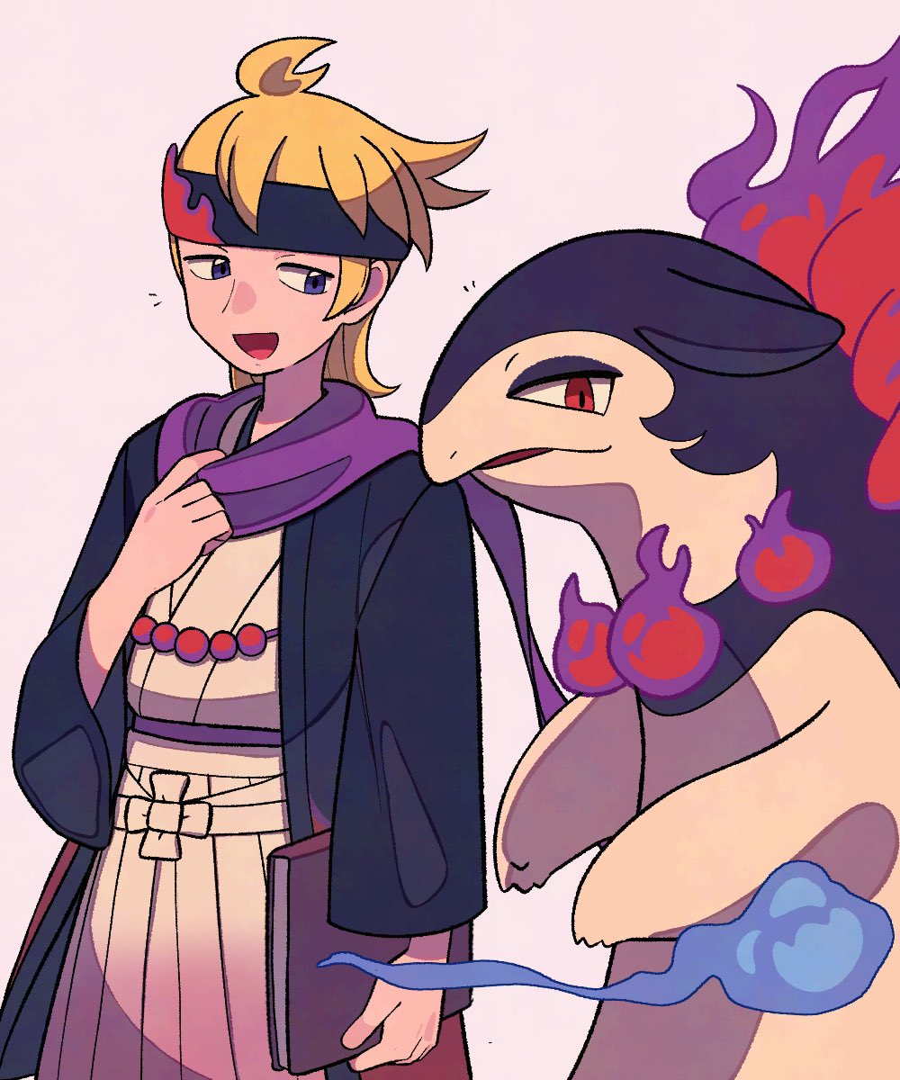 1boy :d beads black_coat black_headband blonde_hair blue_eyes coat commentary_request grey_background hand_up headband highres hisuian_typhlosion japanese_clothes kimono male_focus morty_(academy)_(pokemon) morty_(pokemon) nintendo official_alternate_costume open_clothes open_coat open_mouth pokemon pokemon_(creature) pokemon_masters_ex purple_scarf scarf smile tyako_089