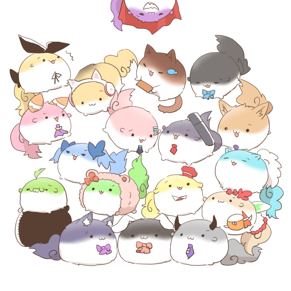 2girls ^^^ animal_ear_fluff animal_ear_headphones animal_ears animal_hood animalization ascot bear_ears bear_hood black_necktie black_ribbon blue_bow bow cape cat_ear_headphones character_request check_character chibi elu_(nijisanji) fake_animal_ears fumino_tamaki fushimi_gaku gilzaren_iii glasses hair_ornament hairclip hakutaku headphones higuchi_kaede hood horns ienaga_mugi kenmochi_touya magatama moira_(nijisanji) mononobe_alice morinaka_kazaki multiple_girls neck_ribbon necktie nijisanji no_humans pince-nez pink_bow purple_ascot purple_bow purple_necktie rabbit_ears rebecca_(keinelove) red_cape red_necktie ribbon shibuya_hajime shizuka_rin simple_background sukusuku_hakutaku suzuka_utako suzuya_aki tsukino_mito tube upside-down ushimi_ichigo virtual_youtuber white_background x_hair_ornament yuuhi_riri yuuki_chihiro