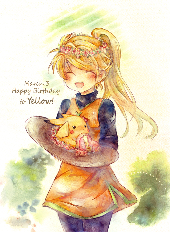 1990s_(style) :d blonde_hair blush chuchu_(pokemon) closed_eyes flower gen_1_pokemon hair_flower hair_ornament happy_birthday hat head_wreath holding holding_unworn_clothes holding_unworn_hat nintendo open_mouth pikachu pokemon pokemon_(creature) pokemon_adventures pokemon_rgby ponytail retro_artstyle smile straw_hat tachiuo_(arines) unworn_hat unworn_headwear yellow_(pokemon)