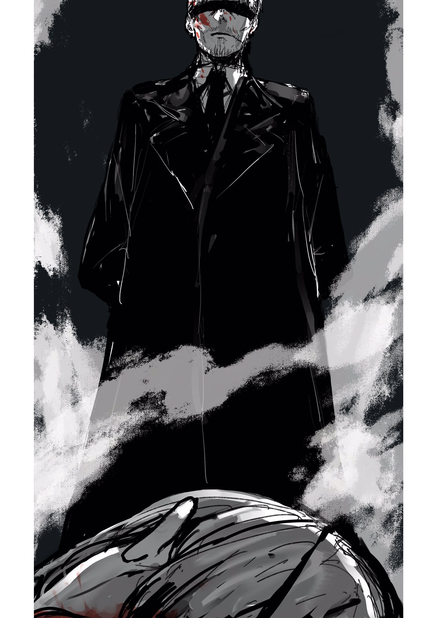 1boy 1girl black_coat black_necktie blindfold blood blood_on_face border chainsaw_man coat death decapitation eshaku_(asifu-coffee) eyepatch facial_hair facial_scar hands_in_pockets highres kishibe_(chainsaw_man) long_coat necktie out_of_frame quanxi_(chainsaw_man) scar scar_on_cheek scar_on_face smoke solo_focus standing white_hair