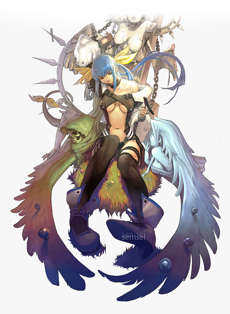 1girl artist_name asymmetrical_wings bare_shoulders blue_hair bow breasts center_opening chain david_semsei dizzy_(guilty_gear) foreshortening guilty_gear guilty_gear_x guilty_gear_xx hair_bow long_hair navel necro_(guilty_gear) photoshop_(medium) ribbon sitting solo tail tail_ornament tail_ribbon thighhighs twintails underboob undine_(guilty_gear) wings