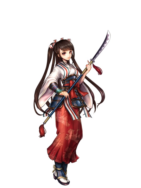 1girl armor artist_request bracer brown_hair capcom character_request faulds female_focus greaves japanese_clothes long_hair naginata official_art onimusha onimusha_soul polearm red_eyes solo twintails weapon wide_sleeves