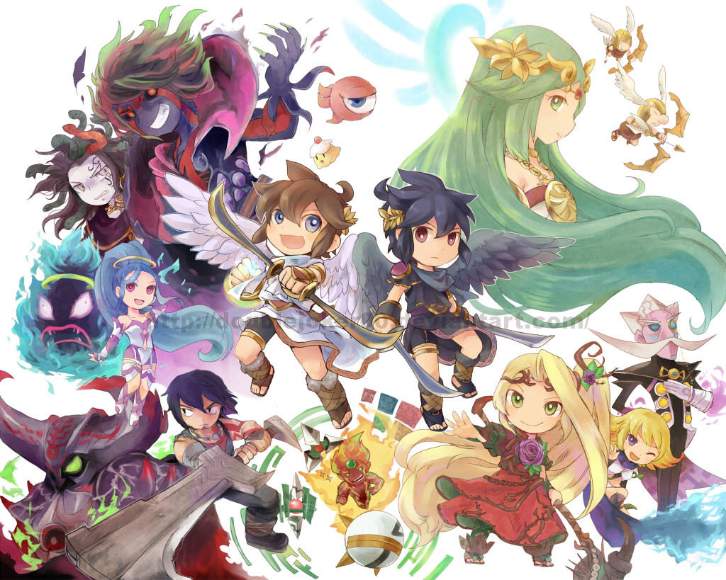 6+boys 6+girls ahoge amazon_pandora angel angel_wings arlon_(kid_icarus) blonde_hair blue_hair bow_(weapon) centurion_(kid_icarus) club_(weapon) colored_skin dark_pit diadem dual_persona facial_hair fire flower forehead_jewel gaol green_hair hades_(kid_icarus) hair_flower hair_ornament holding holding_bow_(weapon) holding_staff holding_weapon horns kid_icarus kid_icarus_uprising long_hair looking_at_viewer magnus_(kid_icarus) magnus_club_(kid_icarus) medusa_(kid_icarus) monoeye multiple_boys multiple_girls mustache nintendo one_eye_closed palutena palutena_bow_(kid_icarus) pandora_(kid_icarus) phosphora pit_(kid_icarus) purple_skin pyrrhon red_eyes saya_(lelulinna) scarf siblings silver_bow_(kid_icarus) simple_background smile snake_hair staff twins viridi water watermark weapon web_address white_background wings