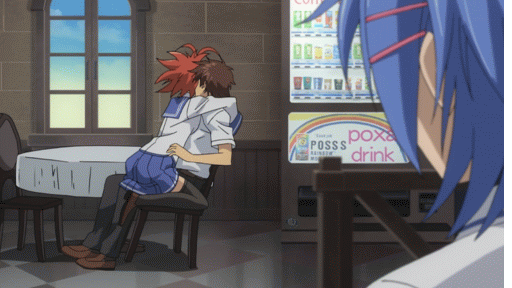 1boy 2girls animated animated_gif anime_screenshot blue_hair brown_hair cowgirl_position hattori_junko ichiban_ushiro_no_daimaou indoors multiple_girls non-web_source red_hair rub sai_akuto school_uniform sexually_suggestive skirt soga_keena straddling