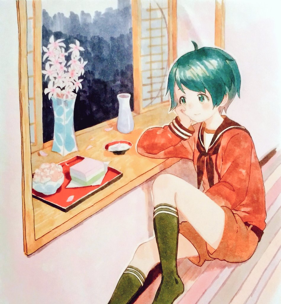 1girl black_neckerchief black_socks blue_eyes blue_hair blush brown_shorts choko_(cup) closed_mouth commentary_request cup elbow_rest flower food kantai_collection karamomo kneehighs long_sleeves mogami_(kancolle) neckerchief on_floor petals sailor_collar sakazuki school_uniform serafuku short_hair shorts sitting socks solo vase window