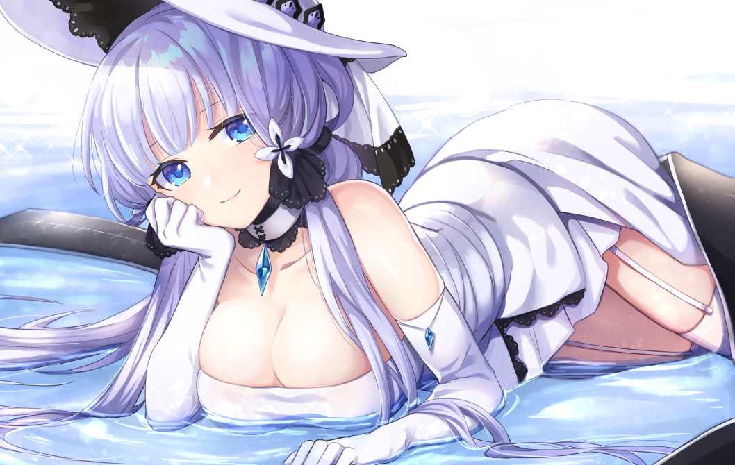 1girl azur_lane blue_eyes breasts choker cleavage collarbone commentary_request dress elbow_gloves female_focus garter_straps gloves hair_ornament hat illustrious_(azur_lane) kon_(k0n16) large_breasts long_hair looking_at_viewer lying on_stomach shallow_water silver_hair smile solo sun_hat thighhighs tri_tails water white_dress white_gloves white_thighhighs