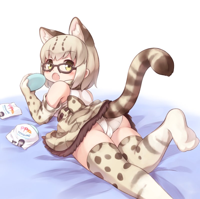 10s 1girl animal_ear_fluff animal_ears animal_print ass bare_shoulders bed bed_sheet brown-framed_eyewear cameltoe cat_ears cat_tail commentary eating elbow_gloves extra_ears fang female_focus food food_wrapper glasses gloves grape-kun green_eyes holding holding_food humboldt_penguin_(kemono_friends) japari_bun kemono_friends leg_up looking_back lying margay_(kemono_friends) matsuu_(akiomoi) medium_hair on_stomach open_mouth panties penguins_performance_project_(kemono_friends) platinum_blonde_hair shirt solo tail thighhighs underwear upskirt white_panties white_shirt zettai_ryouiki