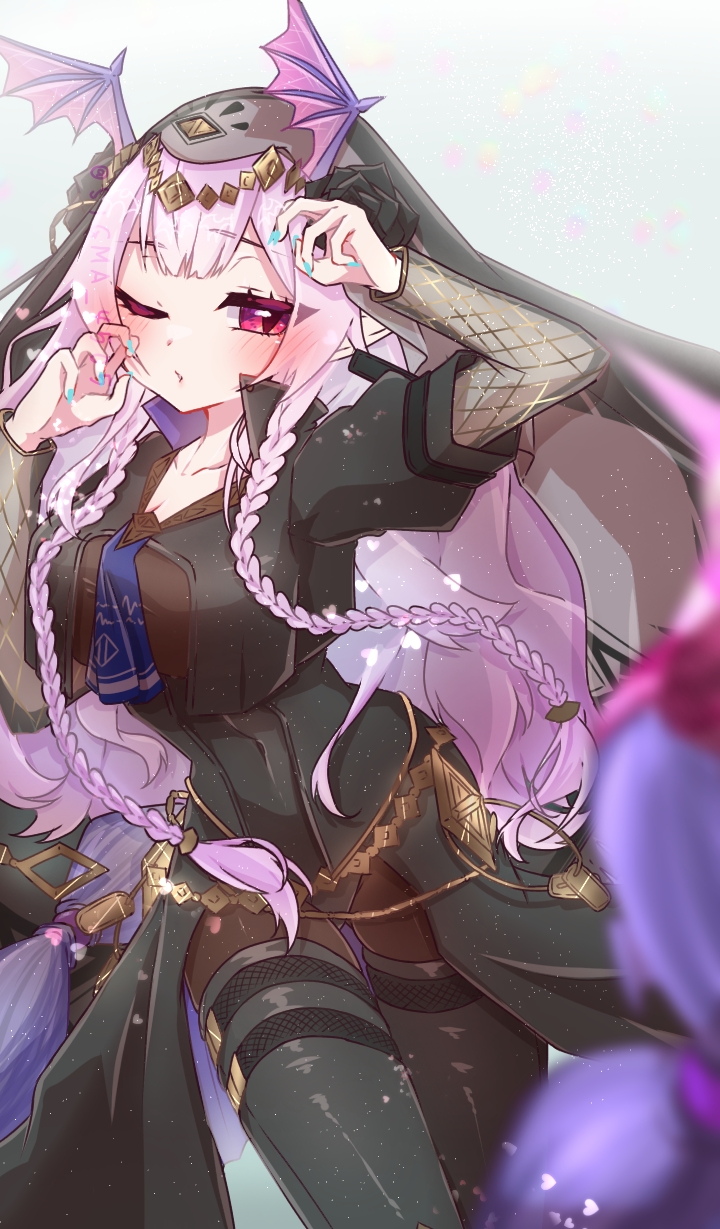 1girl arknights arms_up arthropod_girl black_flower black_leotard black_pantyhose black_rose black_veil blue_nails bodystocking braid breasts cleavage commentary_request cowboy_shot expressionless flower head_wings heart highres leotard long_hair long_sleeves looking_at_viewer manticore_(arknights) manticore_(under_a_veil)_(arknights) official_alternate_costume one_eye_closed pantyhose parted_lips pointy_ears purple_eyes purple_hair rose scorpion_girl scorpion_tail see-through_clothes see-through_sleeves sigma_4505 simple_background solo tail twin_braids veil very_long_hair wings