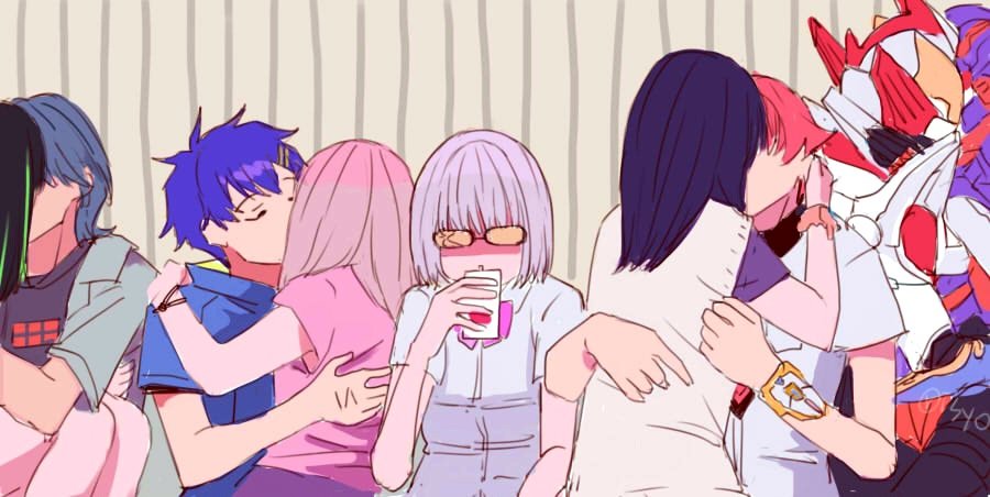 4girls 6+boys acceptor asanaka_yomogi black_hair blue_hair bow broken_eyewear brown_hair collared_shirt couple glasses gridknight_(ssss.gridman) gridman_(ssss) gridman_universe gridman_universe_(movie) gridman_universe_fighter hair_ornament hairclip hassu hetero hibiki_yuuta jacket kiss long_hair minami_yume multicolored_hair multiple_boys multiple_girls necktie red_hair risyo school_uniform scrunchie shinjou_akane shirt short_hair short_sleeves skirt takarada_rikka utsumi_shou white_shirt wing_collar wrist_scrunchie