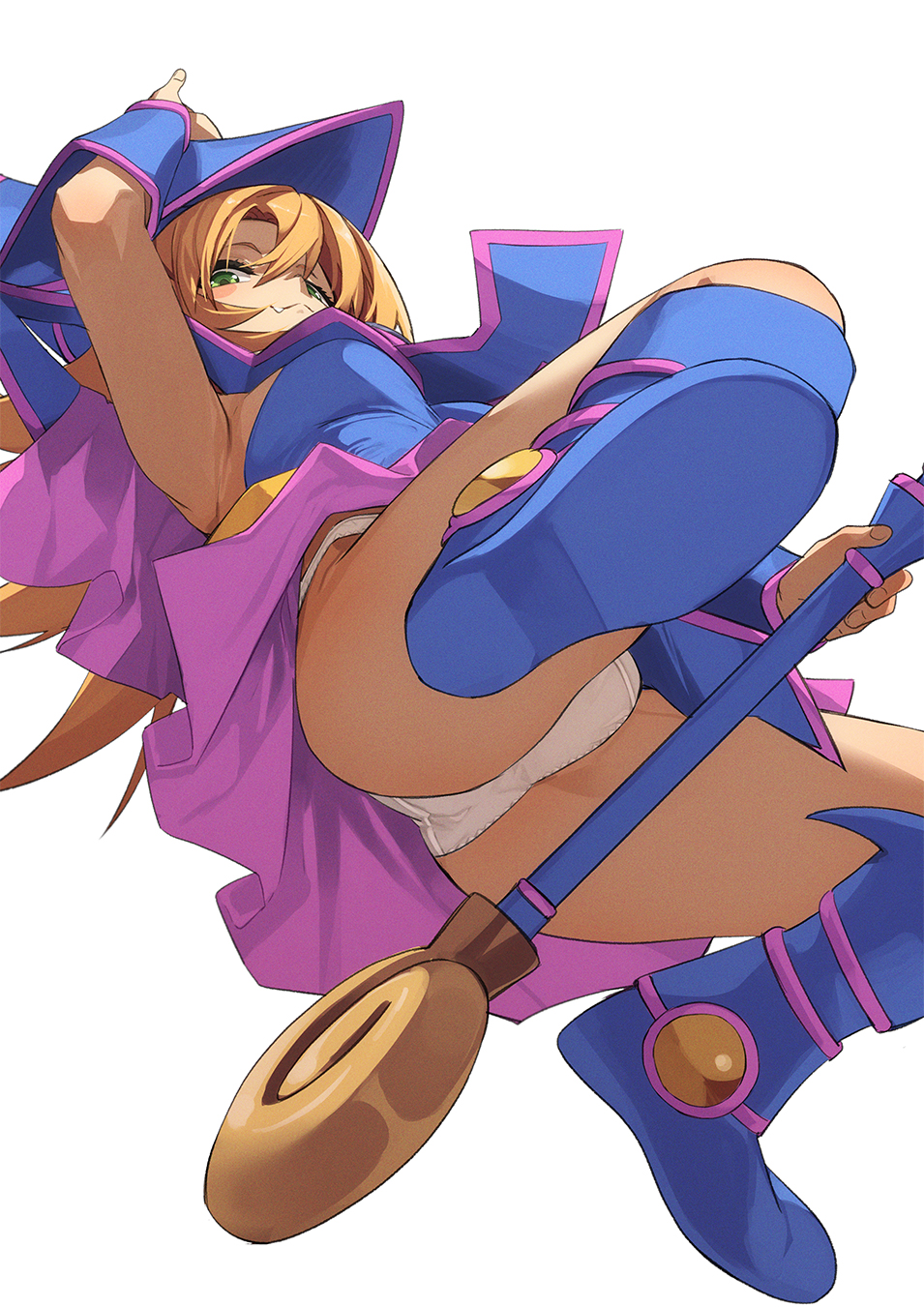 1girl armpits blonde_hair blue_boots blue_dress blue_hat blush_stickers boots breasts cape closed_mouth dark_magician_girl dress duel_monster fang from_below fu-ta green_eyes hat highres holding holding_wand large_breasts long_hair looking_at_viewer panties pink_cape pink_skirt pink_trim showgirl_skirt simple_background skirt smile solo thighs underwear wand white_background white_panties wizard_hat yu-gi-oh!