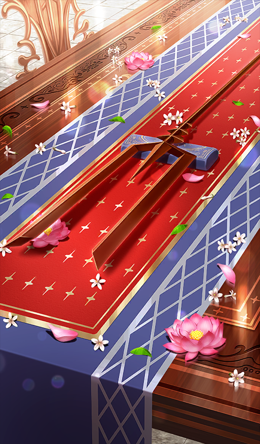 chocolate chocolate_river_no_sono_saki_ni commentary_request fate/grand_order fate_(series) flower flower_request food food_art food_focus no_humans official_art pink_flower still_life table third-party_source trishula_shakti_(fate) white_flower xxxxay