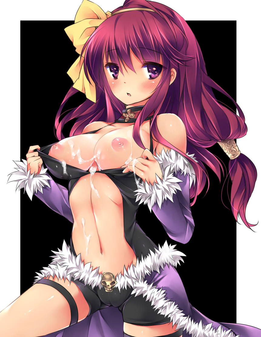 1girl bare_shoulders black_background blush bow breasts cameltoe choker cum cum_on_body cum_on_breasts cum_on_upper_body detached_sleeves eyebrows female_focus fur-trimmed_sleeves fur-trimmed_waist_cape fur_trim hair_bow hair_ornament long_hair low-tied_long_hair medium_breasts navel nipples open_clothes open_mouth puffy_nipples purple_eyes purple_hair ragnarok_online short_shorts shorts solo sorai_shin&#039;ya stalker stalker_(ragnarok_online) waist_cape