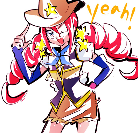 10s 1girl ;d arm_warmers biho_(tsuinku) blue_eyes brown_skirt cowboy_western female_focus hand_on_own_hip happinesscharge_precure! hat long_hair lowres magical_girl one_eye_closed open_mouth precure red_hair red_haired_cure_(bomber_girls_precure)_(happinesscharge_precure!) scarf skirt smile solo star_(symbol) twintails white_background