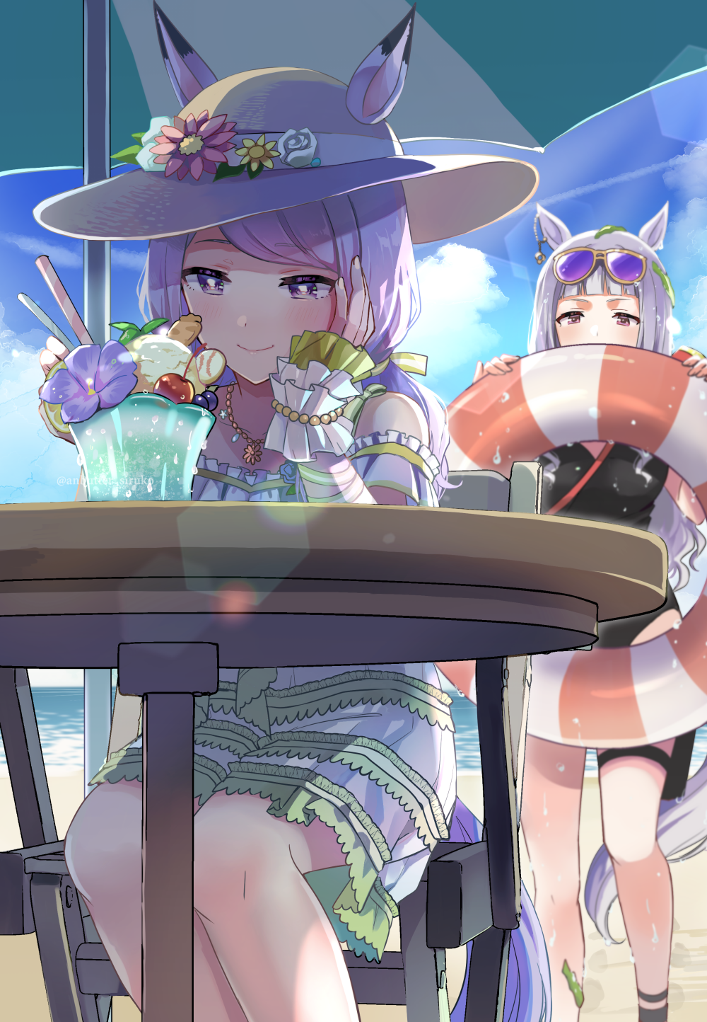 2girls anbutter_siruko animal_ears beach bikini black_one-piece_swimsuit blush brown_headwear closed_mouth cream_soda day eyewear_on_head flower food gold_ship_(run_revolt_launcher)_(umamusume) gold_ship_(umamusume) grey_hair hat hat_flower highres holding holding_swim_ring horse_ears horse_girl horse_tail innertube light_purple_hair long_hair mejiro_mcqueen_(ripple_fairlady)_(umamusume) mejiro_mcqueen_(umamusume) multiple_girls ocean one-piece_swimsuit pink_flower purple_eyes purple_flower smile straw_hat sunglasses swim_ring swimsuit tail umamusume white_bikini yellow_flower
