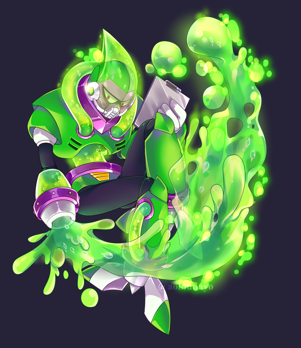 1boy acid acid_man android aoinudayo arm_cannon arm_up armcannon armor black_background black_bodysuit bodysuit breastplate capcom clipboard commentary_request face_mask full_body gloves green_armor green_headwear green_liquid grey_armor grey_bodysuit helmet holding holding_clipboard in_air joints liquid looking_down male_focus mask mega_man_(classic) mega_man_(series) mega_man_11 midair mouth_mask multicolored_armor no_mouth one_glove outstretched_arm purple_armor red_eyes robot robot_ears robot_joints shoulder_armor simple_background single_glove solo tagme transparent vambraces weapon white_gloves